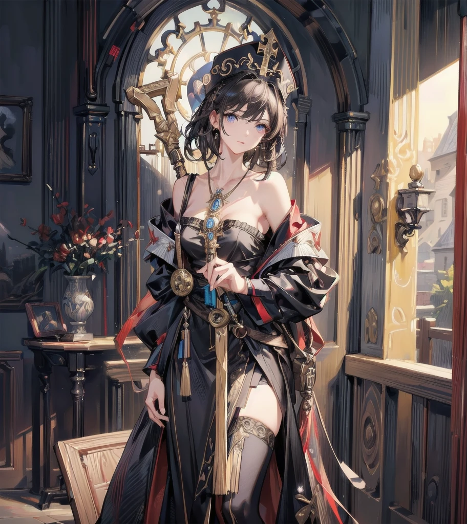 absurdres, RAW photo, extremely delicate and beautiful, masterpiece, Best Quality, ultra high resolution, 32k, hyperrealistic, ultra-detailed, delicate facial features, beautiful detailed woman, tearful mole, earring, medium , full body shot, medium hair, black hair, (Practical pirate clothing), Long-sleeved pirate top, Skirt, torn pirate hat,