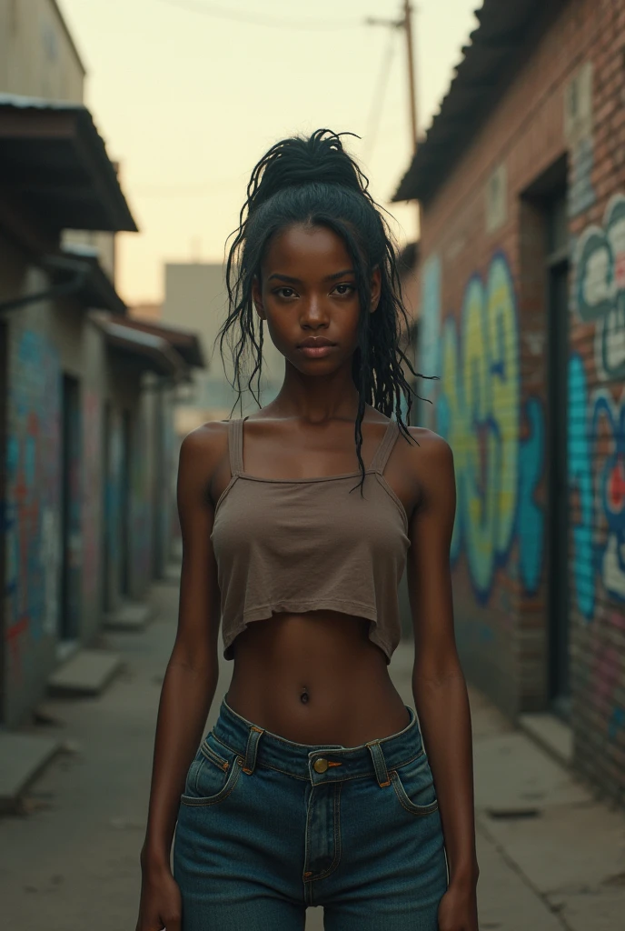 8k, raw photo, best image quality, masterpiece, super high resolution, (fidelity:1.4), photo, 1 girl, (skinny ebony girl, 20 years old, most beautiful ebony girl in the world, dark skin, black hair, dreadlocks hair, dreadlocks), white shirt, torn jeans, white sneakers, dim, darkness, despair, pity, poor, movie, tears, teardrops, (torn clothes:1.5), (wet clothes:1.4), looking at viewer, romantic, bare shoulders, real rain, wet hair,..