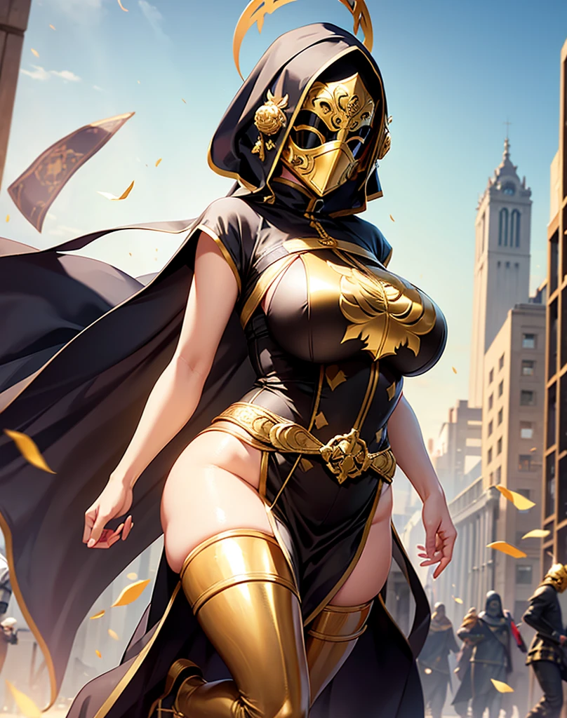 An adult female priest with a golden mask covering her entire face, obscuring her hair and face.、Extremely sexy、Running fast、Plump、Big Breasts、Ruins Background