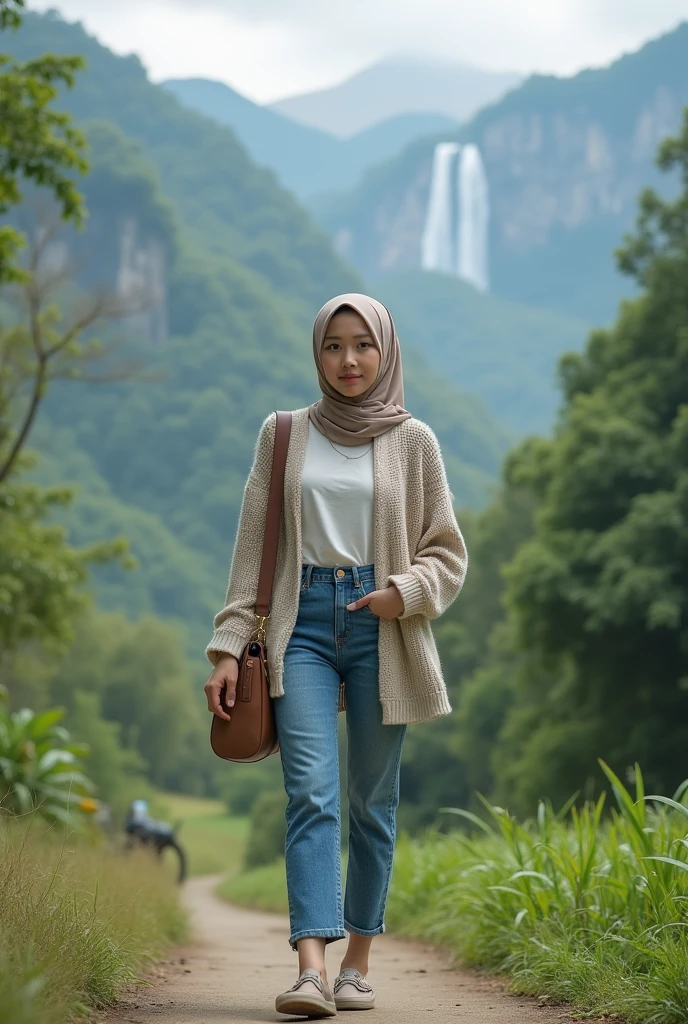 a beautiful girl wearing a hijab shawl wearing a checkered tunic shirt, wearing long tight jeans wearing sports shoes, wearing a bag on her back, is on a suspension bridge, around her there is green lake water and there are trees that are falling because of autumn while smiling holding the camera