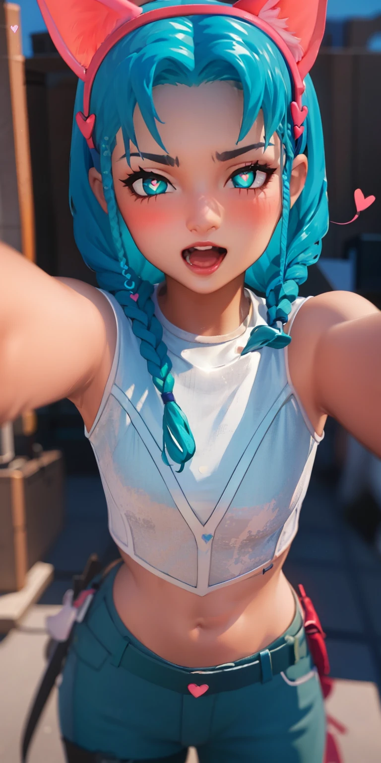 Heart-shaped_pupils, 1girl,aqua hair,aqua eyes,aqua eyeshadow, (blush:1.1),upper body,trembling,(speed lines:1.1),medium breasts, love, heart, cat ears headband, White crop top, navel, lipsticks, happy, open mouth, looking at viewer, facing viewer, outstretched arms,