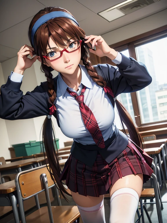 1girl, Mari Makinami, blue big eyes, brown hair, thick red rimmed glasses, headband, twintails, dress shirt, plaid skirt, pantyhose, school uniform, thighhighs, necktie, Slightly slim Beautiful figure, parted bangs, 
BREAK. ((fall on one's butt with open legs:1.2, Clumsy, muff diving, She shyly holds down her skirt:1.2, Embarrassed look)), Lucky Happenings, ((In the classroom)), 
((masterpiece)), (anime realistic), High resolution, Best Quality, artistic photography, Super detailed, (high quality texture:1.2), RAW photos