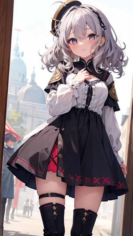 masterpiece, 1 girl, Sparrow, Silver Haired Girl, Dressed as a medieval villager, curly Medium Hair, Messy Hair, The body is slim, He closed her left eye., Shirt decoration, Ruby Eyes, Ahoge, Baby Face, Long sleeve, Beautiful Eyes, boots, Droopy eyes, Her age is 1, Azusa_Blue Archive, Fascinating face, Medium Hair, Captivating smile, Curly Hair, Mongol Punk AI, Medium chest, View from directly below, She teases you, I&#39;ll lend you a hand, She is very close to you, A proud smile, rainbow_One, Farmer&#39;s clothes, Long Leaf Skirt, crotchtattoo, necklace, Sexy smile, kitchen