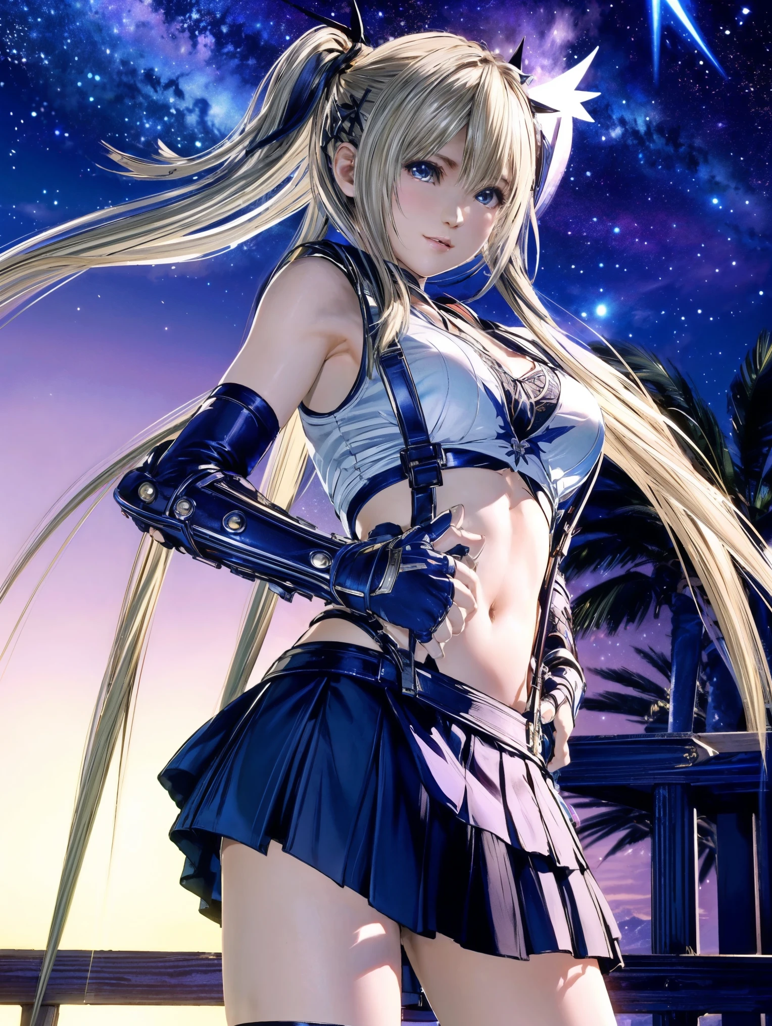 ((Highest quality,Extremely detailed CG Unity,32K)),stand、 (( Professional quality,Perfect photo, Ray Tracing, Perfect volume lighting )), ((Hyper Detail,Intricate details))((Masterpiece)),眩しいハイライトが入ったプラチナblondeの髪、Shiny bright hair,、Shiny beautiful bangs、Sparkling, clear, attractive big blue eyes、Very beautiful, lovely and cute girl、((Dressed up:Sailor Warrior Uniform:,Purple enamel pleated skirt:1.2)),((Hola, Close fitting high gloss pearlescent latex leotard:1.3))((Sailor Warrior Uniform:Sailor collar,)),((A large red ribbon on a very large chest in the center of the chest,,,,,,,,A big red ribbon on her butt,Long pearlescent latex gloves,,Purple enamel long knee-high boots, Earrings、luxury gold jewelry decoration)),((Hola, Close fitting high gloss patent pearl leotard)))((Camel Toe)monspudis,,(((blonde))),(Very long hair:1.6),Twin tails、((dramatic graphic background:Starry Sky,Moonlight rays,Giant Moon、Dynamic ocean background)),High kick pose,