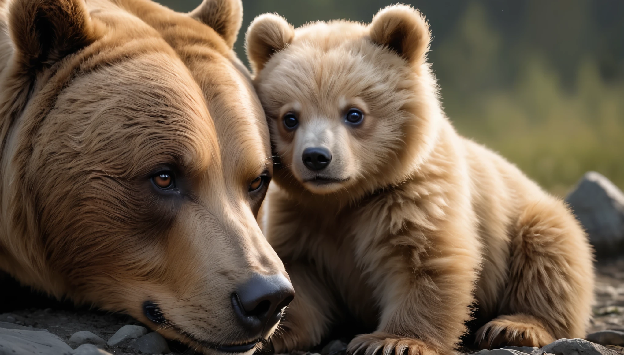 8k,wallpaper of extremely detailed CG unit, masterpiece, high resolution, top-quality, top-quality real texture skin, hyper realistic, digital painting, increase the resolution, RAW photos, best quality, highly detailed, the wallpaper, BREAK ,1bear\(photo realistic\) is staring at 1doll\(cute, teddy bear\)