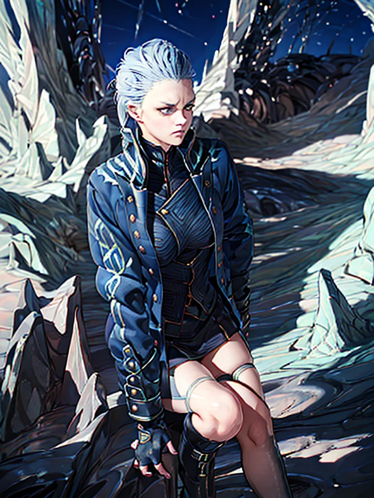 (masterpiece), best quality, perfect face, female face, female body, blue eyes, arrogant expression, big breasts, Thin waist, Wide hips, long silver hair, makeup, eyelashes, lipstick, soft blush, shirt with black ascot, miniskirt, white thighhighs, fingerless gloves, blue ribbon on hair, blue trench coat, (solo) 