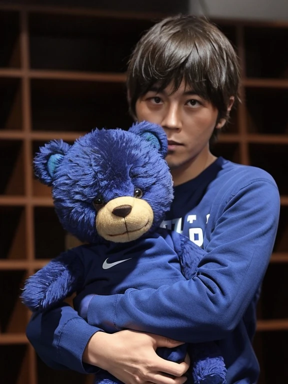 hugging a teddy bear, male. alone. Small teddy bear, Dark Eyes、Blue clothes