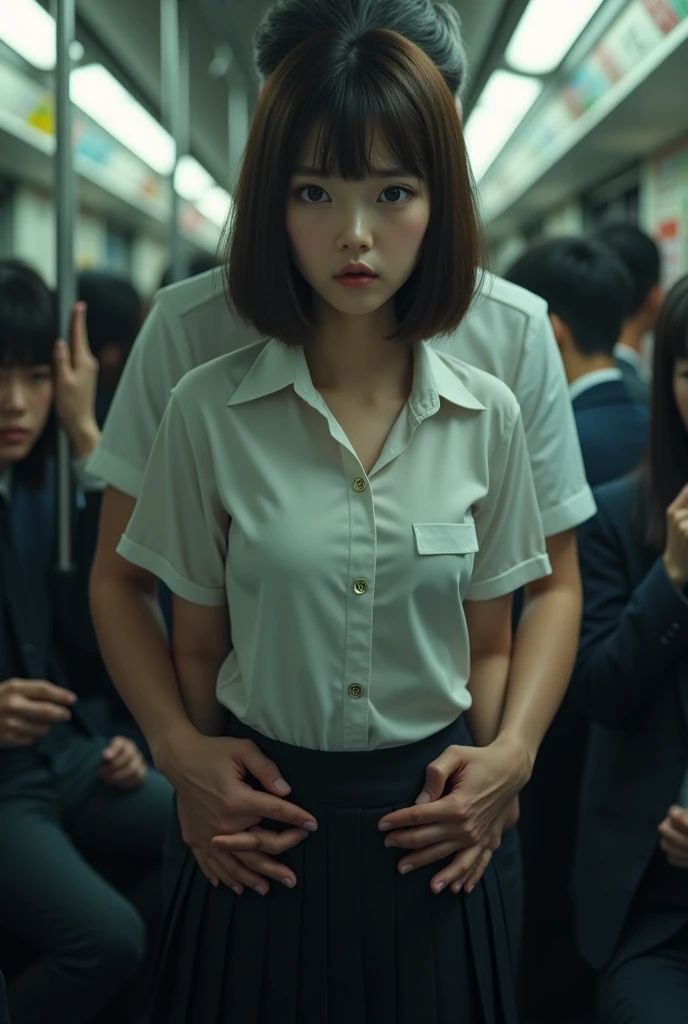 (Browsing Caution:1.3), ((masterpiece)), ((Highest quality)), (Very detailed), ((cute)), cute, (Lovely), ((sexy)), (device), ((Very detailed)), 4K, (8K), Highest quality, (beautiful), Genuineistic, Genuine, Dynamic Angle, ((1 Girl, alone, cute girl)), ((Office Lady Suits)), ((hyper cute face)), beautiful light brown hair, beautiful black eyes, ((beautiful eyes)), Big Breasts, Embarrassing, blush, ,Hold on to the railing of a train,Underarm, (Underarmを見せる:1.3),(avert your eyes:1.4), (Inside the train:1.3),(Crowded train:1.3),
Upper Body,(White shirt:1.5),
,Alternative Breast Size, Grab your chest, (boy,Grab from behind:1.5)
,(Frowning:1.2), (Embarrassing,blush:1.2),(A face stunned by despair:1.1),Sweat,(anger:1.2)