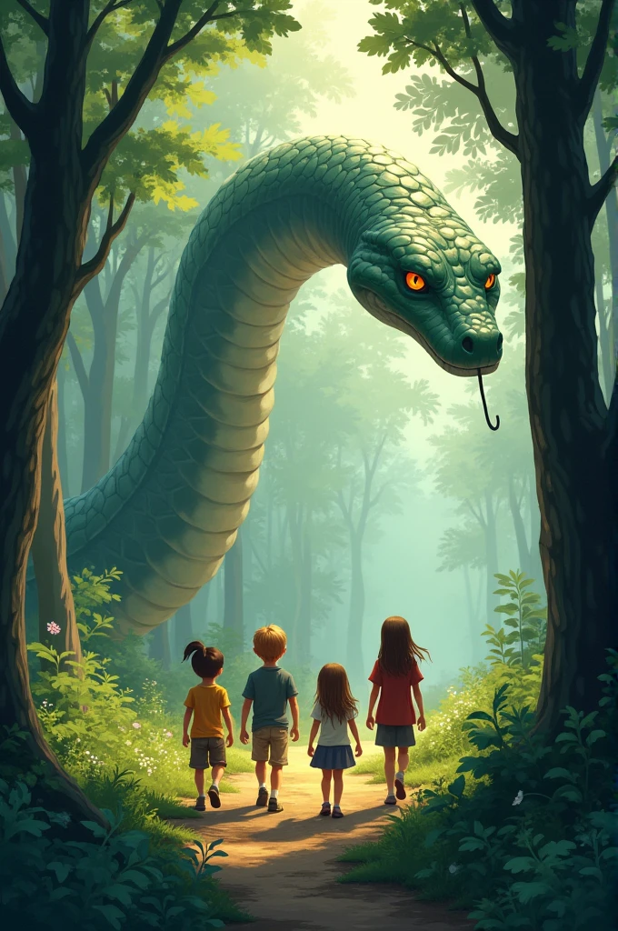 The children and big snake a are together 