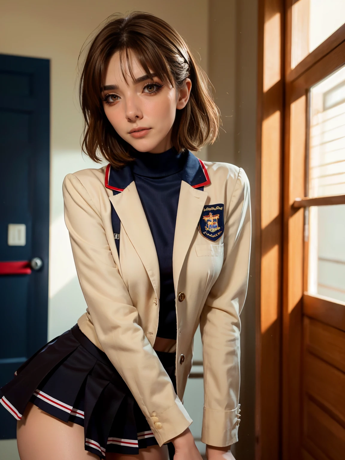 (1 lady), The beautiful, (Best quality at best:1.4), (ultra - detailed), (extremely detailed CG unified 16k), gold blonde hair, very detailed, High-definition RAW color photo, professional photoshooting, amazing face and eyes, cosmetics, (amazingly beautiful girl), ((furukawa nagisa, taller, tall woman, Bethcast)), ((beige school uniform blazer with white sailor collar with red line, navy blue skirt)), cute posture, (school, school hall room, extremely detailed background, a lot of details background, realistic background), realistic cinematic face, head to feet long wide zoomed out view, full body long view, photorealistic, ((realistic natural brown chocolate hair style, brown honey eyes)), gorgeous, extremely beautiful face, perfect model beauty, pout mouth, Highly Detailed Face and Skin Texture, Detailed Eyes, Double Eyelids, Mid sized breasts, Persistent Stare, Faith Trance, (mystical stare, looking eternity), (masterpiece), best quality, high resolution, depth of field, cinematic lighting, amazing legs, clear and well-cared skin