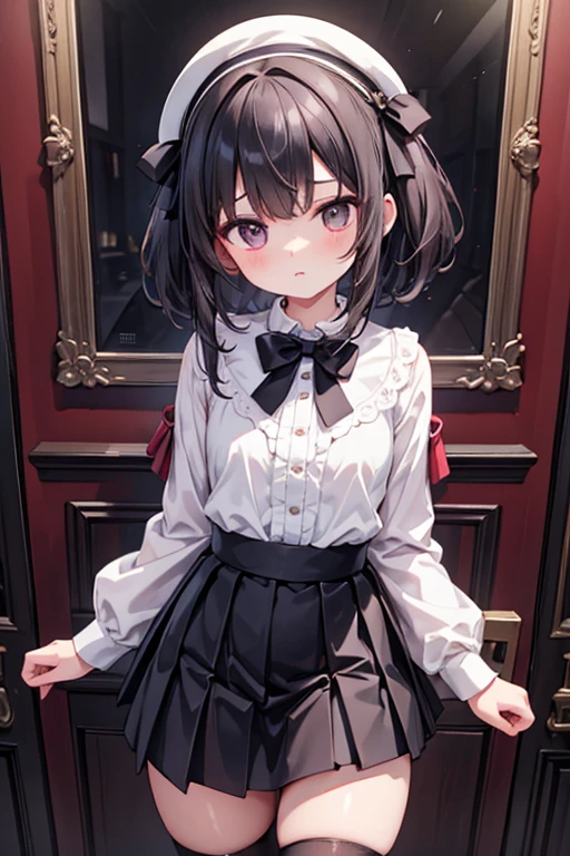 general: Girl solo figure ,Flat Chest,Flat Chest,Flat Chest,Flat Chest,Flat Chest,Flat Chest,Flat Chest ,Small breasts , Wearing a delicate uniform with pleated skirt and blouse, Bow tie and ribbon on the chest, Watching the viewer directly, Her dark hair flows down in soft waves, Frame your face with bangs. Her thighs are covered with black thigh-high socks trimmed with lace., Peeking out from under a short skirt. She&#39;s wearing string panties、Blushed cheeks. Sensitive: This masterpiece is、Large Breasts