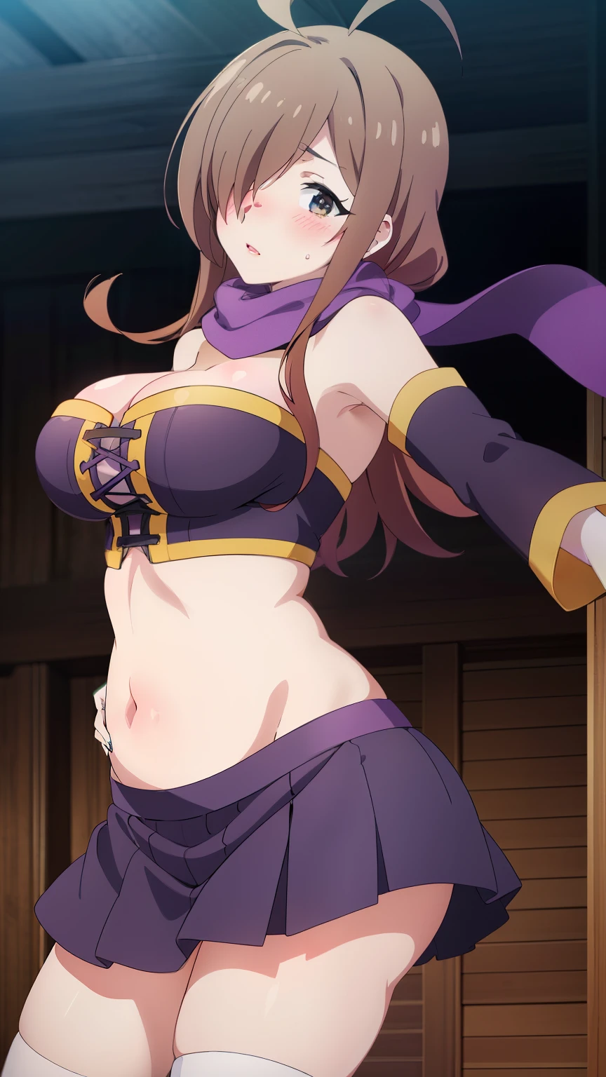 highest quality, High resolution, beautiful eyes, highly detailed face, Detailed CG,anime style, 1 girl, Ahoge, side lock, hair above one eye,scarf,natural lip,skin luster,alone,stylish pose, stylish angle,looking at the viewer, in the center of the image, cowboy shot,((tube top, cleavage, underbust, purple tube top, strapless, belly button, mini skirt, bare shoulders, detachable sleeves, white knee socks, dancing, blush)), Indoors, nightclubs, dimly lit halls
