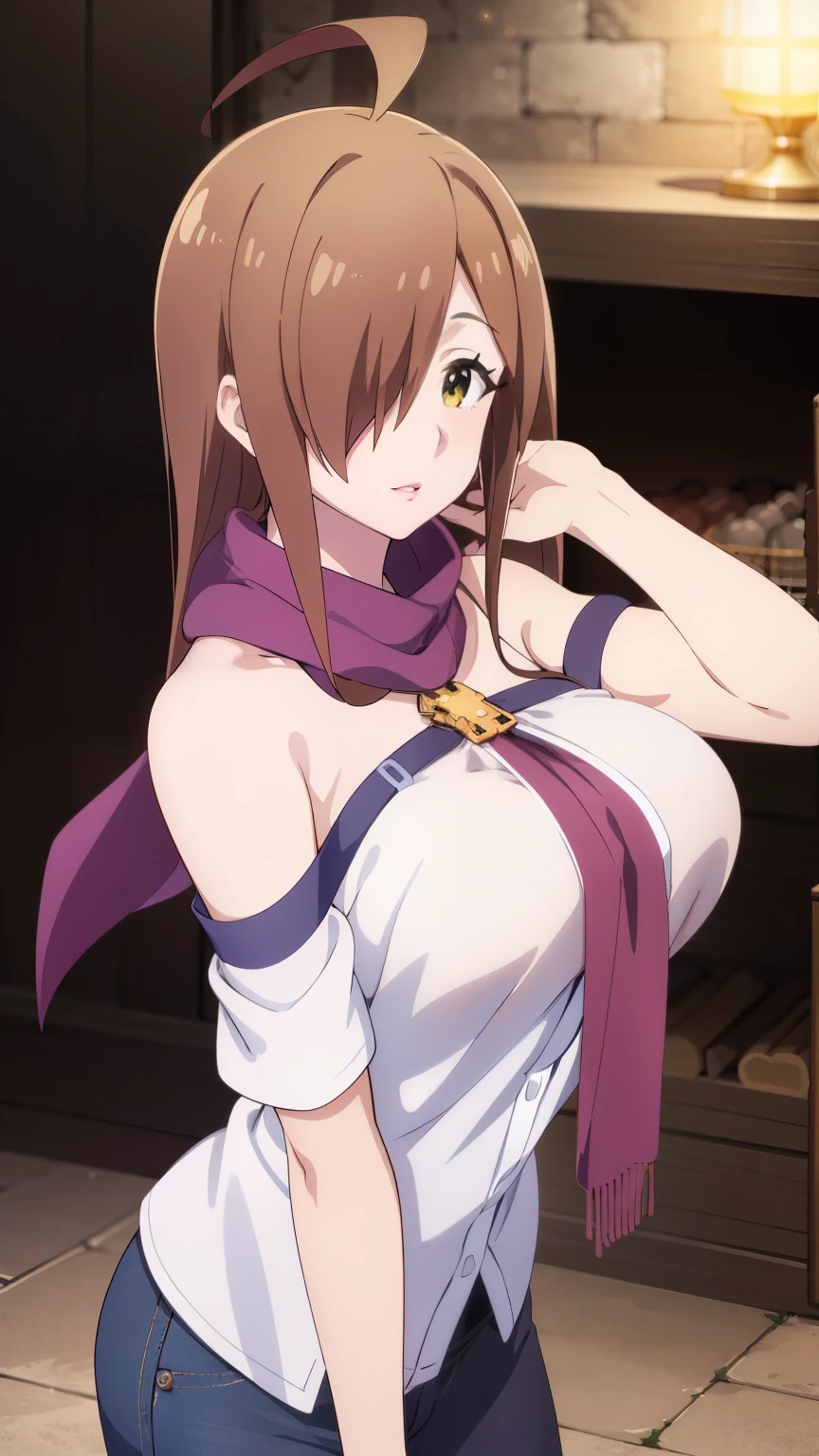 highest quality, High resolution, beautiful eyes, highly detailed face, Detailed CG,anime style, 1 girl, Ahoge, side lock, hair above one eye,scarf,natural lip,skin luster,alone,stylish pose, stylish angle,looking at the viewer, in the center of the image, cowboy shot,((Special clothes34,bare shoulders,shirt)), 
