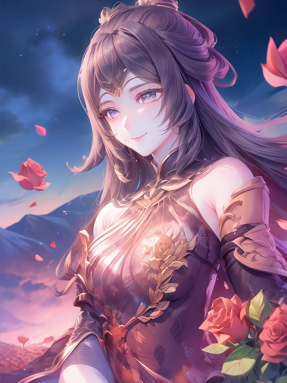 Overlooking, Panorama, perspective, Depth of written boundary, bust, Upper Body, Movie angle, masterpiece, Highest quality, Super detailed, CG, 8k wallpaper, Beautiful Face, Delicate eyes, country々, alone, smile, Silver Hair, Golden Eyes, Fair skin, hair, Red scarf, White evening dress, Rose Field, Red flower, rose, Flower Field, petal, Flying petal, smile