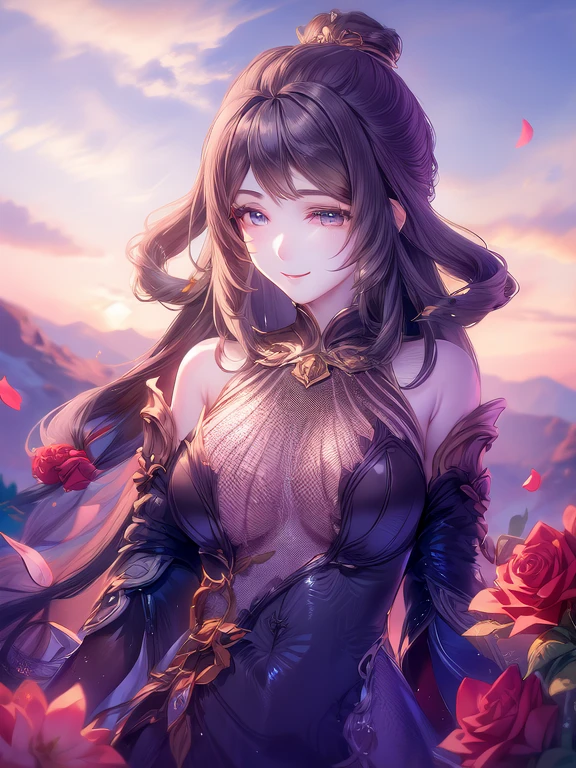 Overlooking, Panorama, perspective, Depth of written boundary, bust, Upper Body, Movie angle, masterpiece, Highest quality, Super detailed, CG, 8k wallpaper, Beautiful Face, Delicate eyes, country々, alone, smile, Silver Hair, Golden Eyes, Fair skin, hair, Red scarf, White evening dress, Rose Field, Red flower, rose, Flower Field, petal, Flying petal, smile