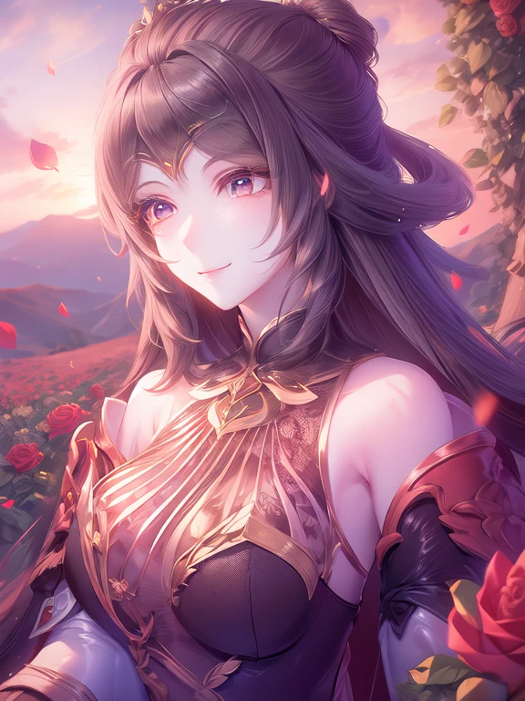 Overlooking, Panorama, perspective, Depth of written boundary, bust, Upper Body, Movie angle, masterpiece, Highest quality, Super detailed, CG, 8k wallpaper, Beautiful Face, Delicate eyes, country々, alone, smile, Silver Hair, Golden Eyes, Fair skin, hair, Red scarf, White evening dress, Rose Field, Red flower, rose, Flower Field, petal, Flying petal, smile