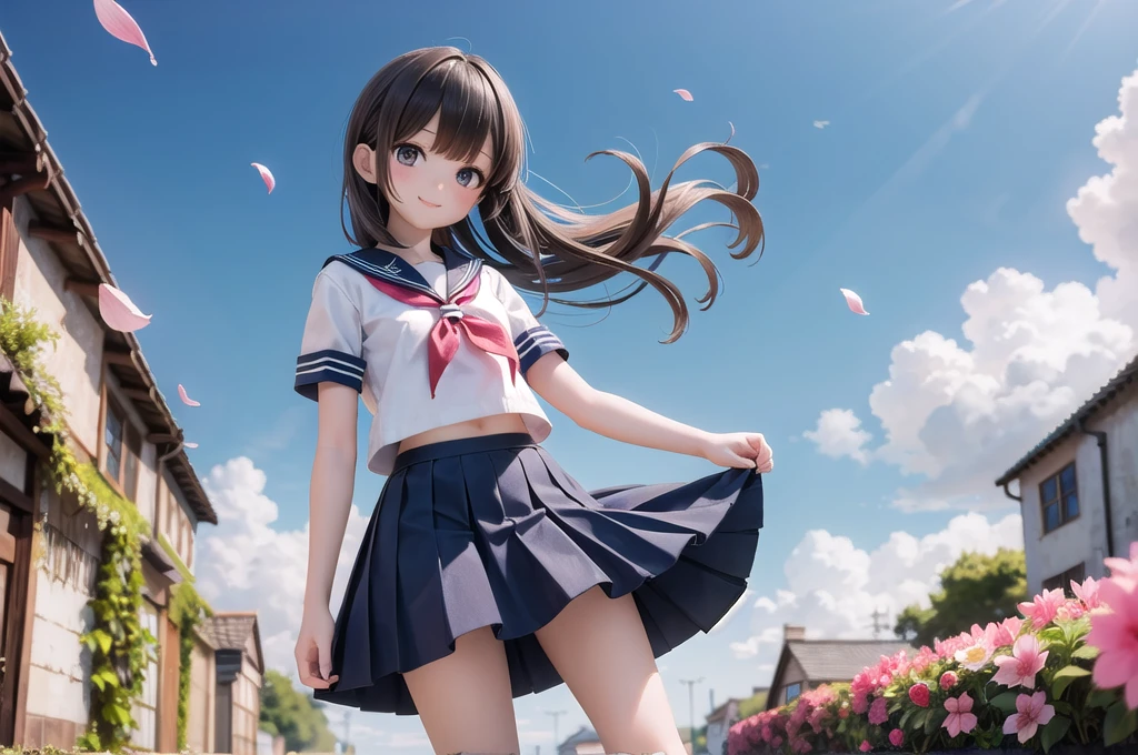 (masterpiece),  town,  blue sky,  One Girl,  smile,  alone,  Sailor suit、Long skirt,  Overgrown,  petal,  plant、Skirt lining、Translucent slip、nostalgic、Strong winds、Skirt fluttering in the wind