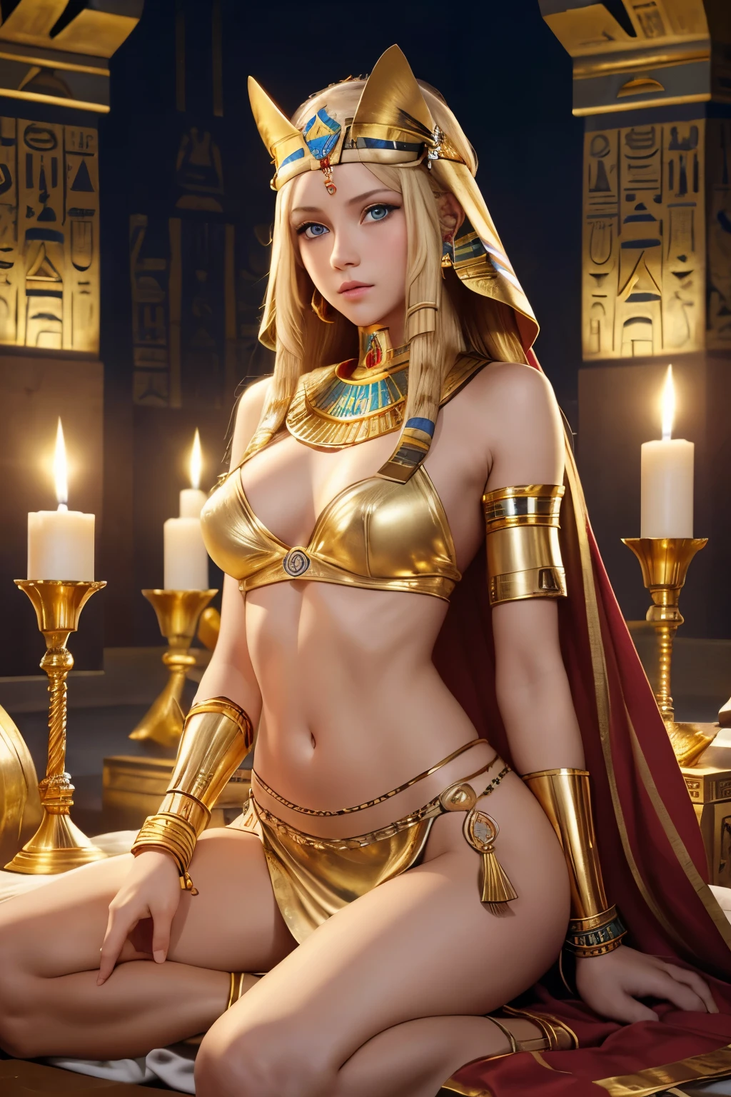 Egyptian empressof the night, intricate details, big tits, blond wavy hair, rays of god, gold jewelery
