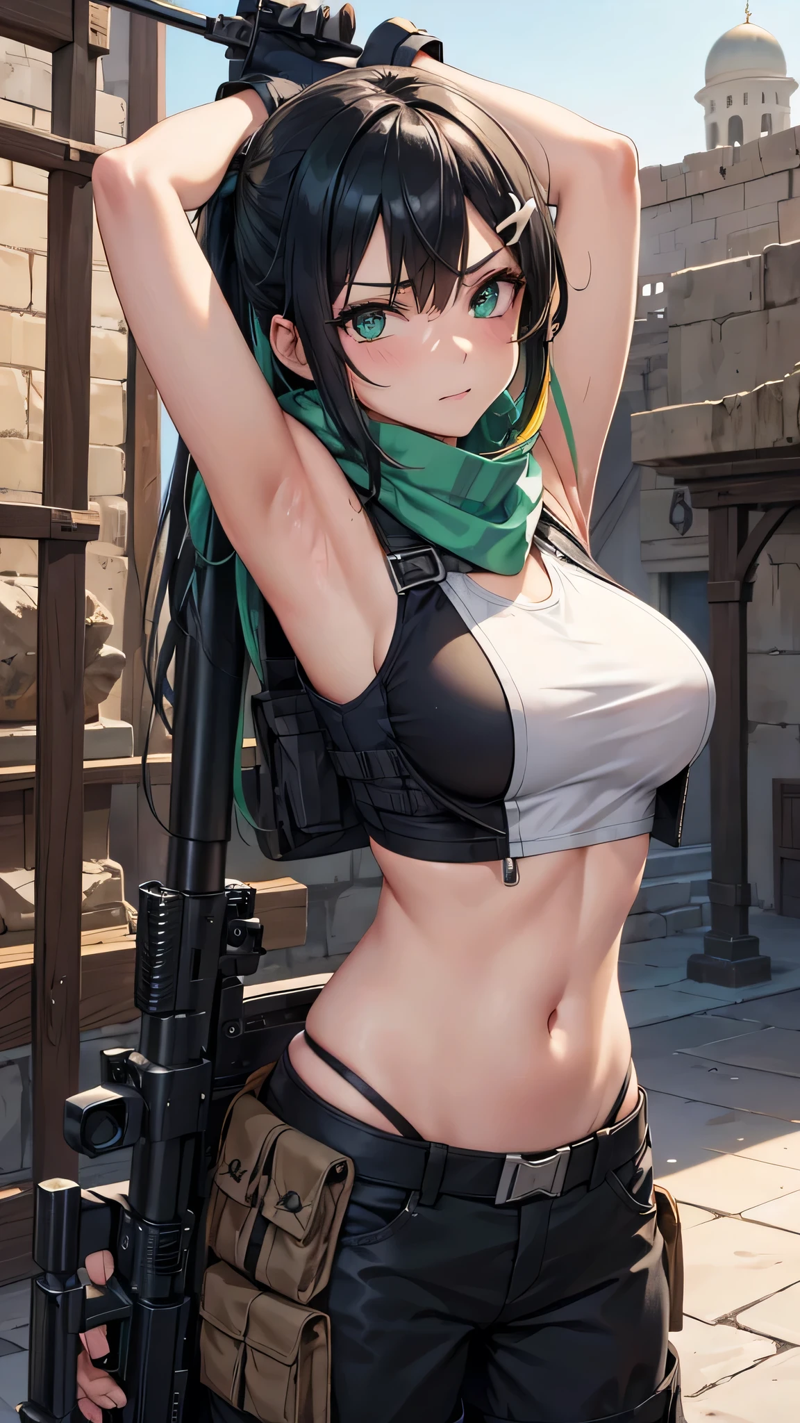 masterpiece, best quality, anime 1990s \(style\, leona heidern, sexy, naked, thong ,full open vest., jungle, tactical, pony tail, serious, cammo, army, soldier, blue hair, warfare, war, wet, gloves, sexy pose, jungle girl, perfect hands, five fingers, long hair, tropical, belt. Sleeveless.