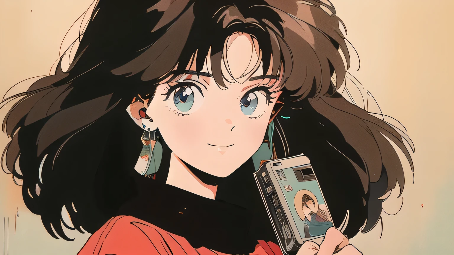 Anime style drawing of a girl with big eyes, brown hair and casual clothes holding a red cassette tape. The background is a white wall with a few posters on it., And it focuses on girls and cassette tapes.. Cassette tapes have a red label. ``1980...''. The girl is holding a cassette in front of her face with a smile..