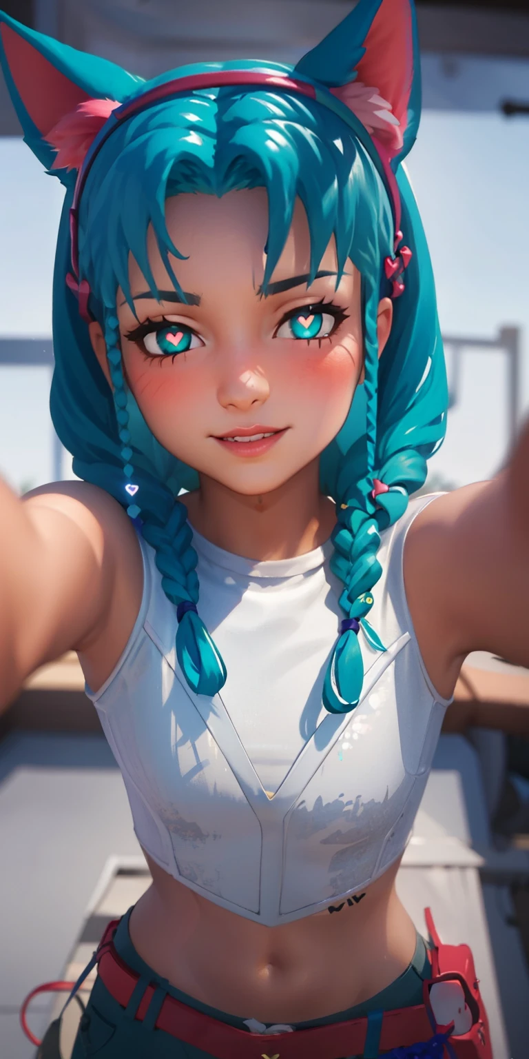 Heart-shaped_pupils, 1girl,aqua hair,aqua eyes,aqua eyeshadow, (blush:1.1),upper body,trembling,(speed lines:1.1),medium breasts, love, heart, cat ears headband, White crop top, navel, lipsticks, happy, looking at viewer, facing viewer, outstretched arms,