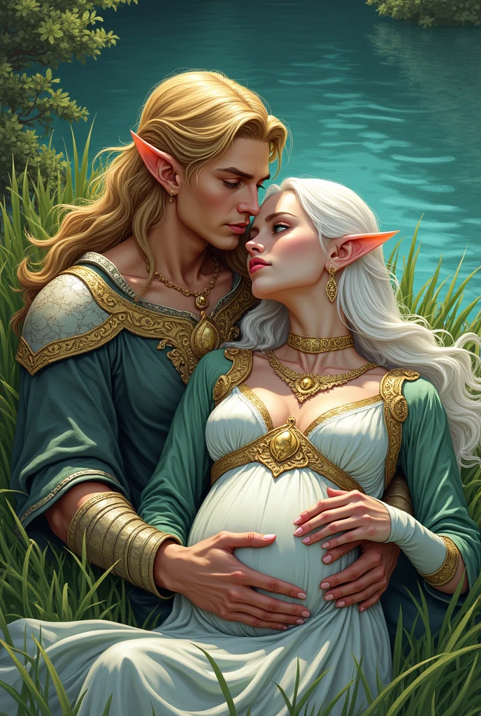 One old man Knight and one young girl magician, age gap, age difference, height difference, old man 70, armor, long beard white, muscular hairy virile body, naked, giant long penis erected cum, he carries his girlfriend strongly with both hands, ass fuck positions, sexy young girl 18, elf, pink hairstyle, size tiny and slim, blush and embarrassed, pregnant, in comfort sitting position for sex, naked, on lake.