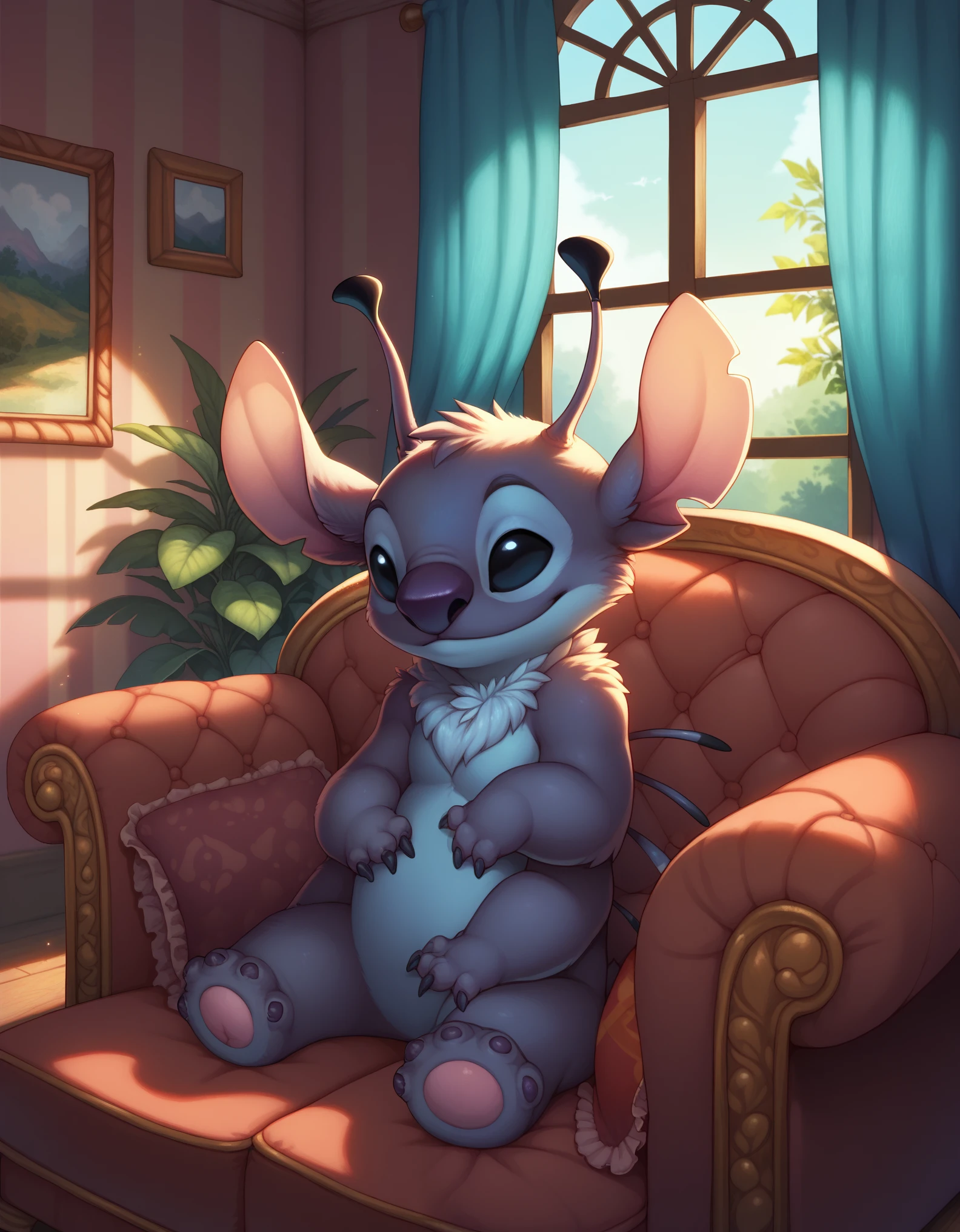 score_9, score_8_up, score_8, 1boy, st1tch, black eyes, furry, sitting on couch, living room, window, detailed background, 4 arms, antennae, quills,