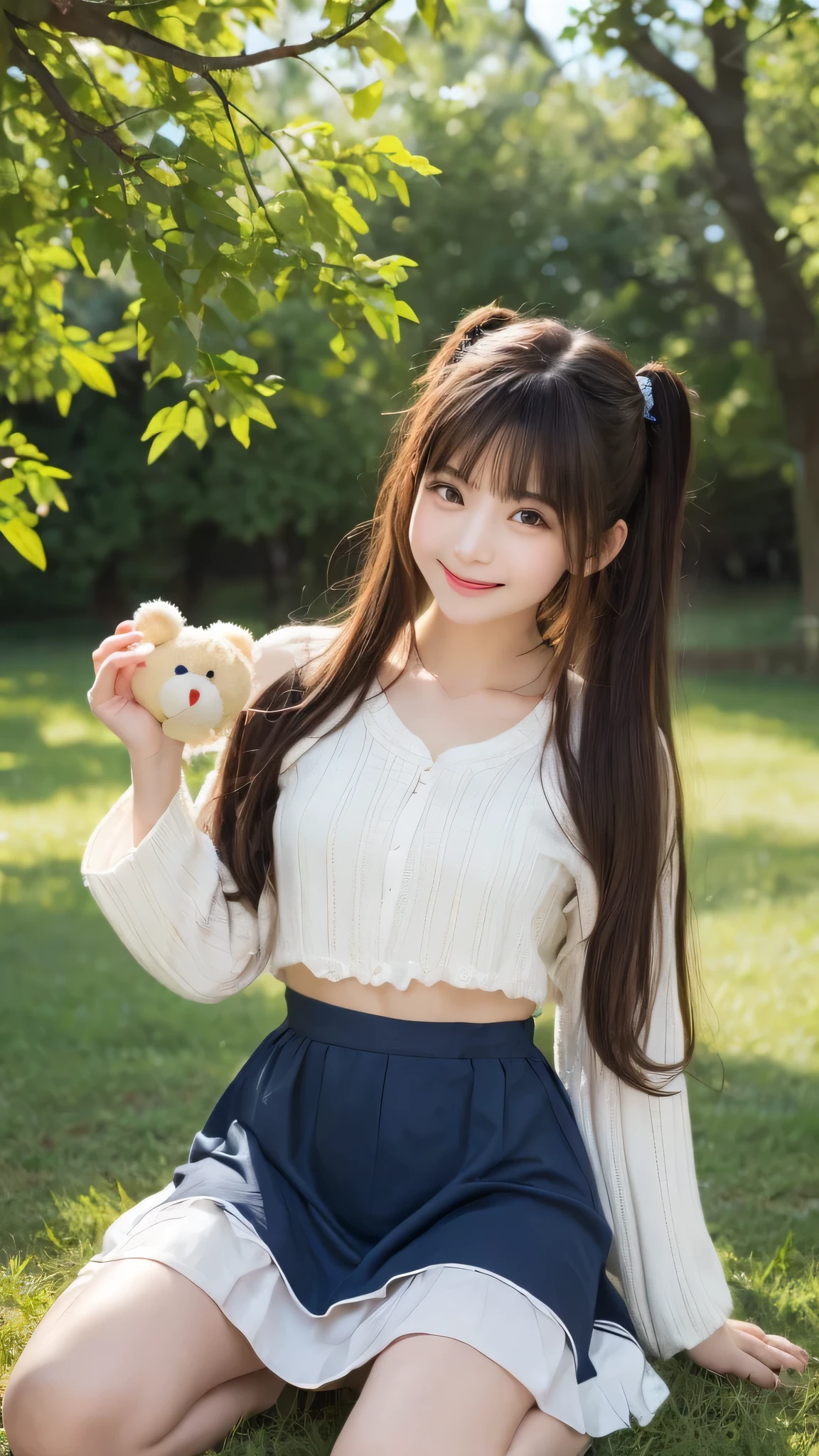 highest quality, masterpiece, ultra high resolution, (realistic:1.4), (close portrait) RAW photo, 1 girl, 22 years old,wink,((Whitening))slender body,Belly,medium chest,((Chibi T-shirt and pleated skirt)),((Rabbit ear hat))、(loose socks),((long hair with straight bangs)),((looking up at the viewer)), realistic pictures,((toothy smile)),