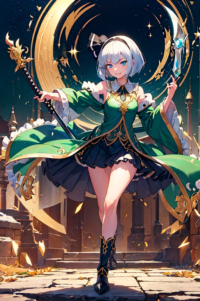 1girl, (✨💎:1.4), ,konpaku youmu,castle,(emerald armored dress),boots,(holding sword),licking,(serious, smile),leaning forward,looking at viewer,full body,(aiming at viewer,sword),contrapposto,insanely detailed,ultra highres,masterpiece,8K,super detailed skin, 　(detailed beautiful face and eyes),very detailed background,elaborately designed clothes,beautiful artwork,Lunge,prepare a sword,