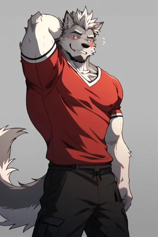 An Anime and Cartoon style Top Left Side Picture of A Very Muscular Kemono Furry Gray Wolf. He only wear White and Red Shirt And He wears a black and little red shorts. His both hand is gripping together behind his head like a sexy pose. The background is white. He have Gray messy and spikey hair. He is looking at the viewer but his head turn sideways of him. His eyes are White with little red. He is standing in the background. He look like a video game character. He is smiling with his mouth open A little and blushes with blushes on his face. His tail is very long and gray. His furs is all gray