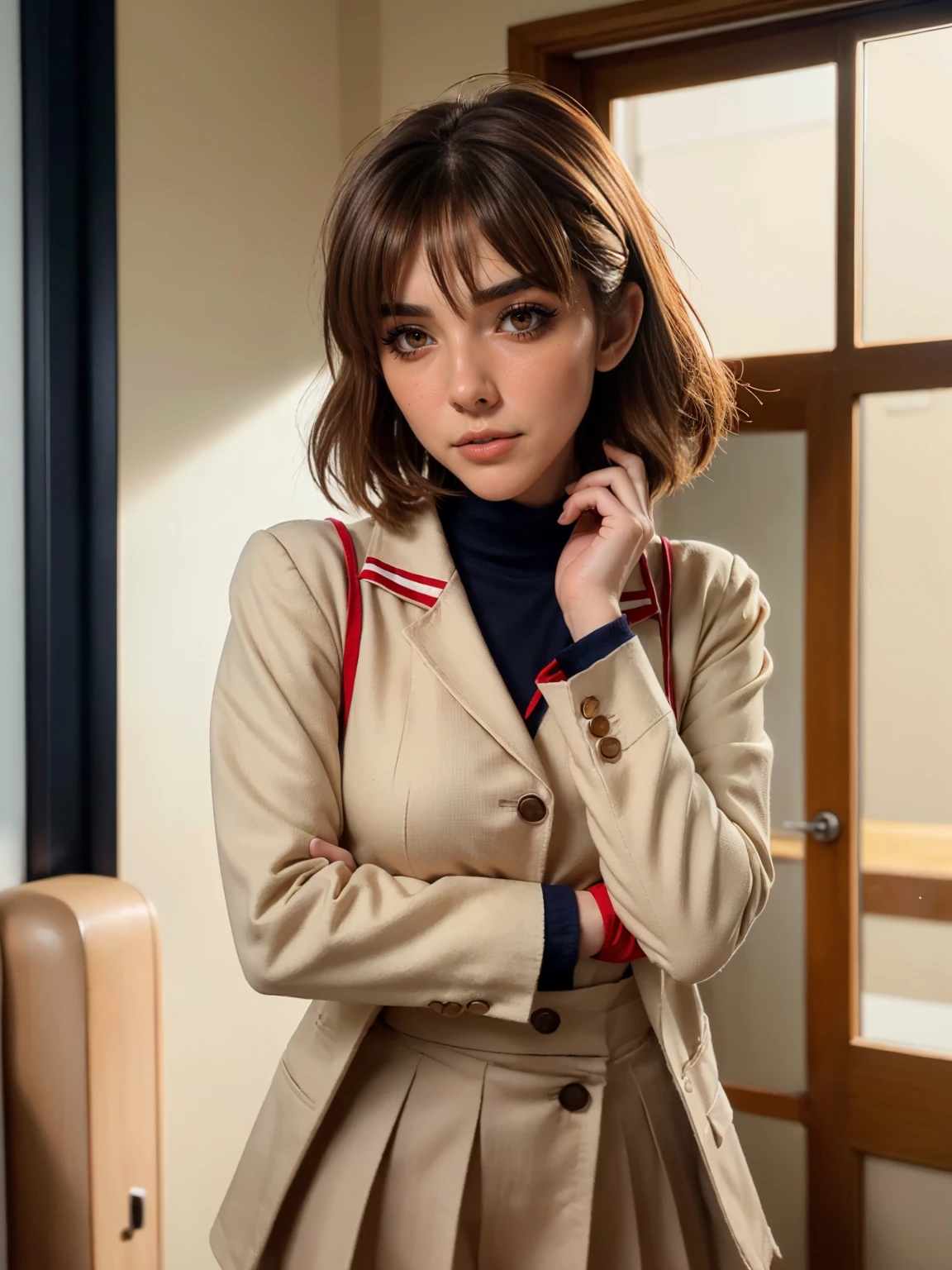 (1 lady), The beautiful, (Best quality at best:1.4), (ultra - detailed), (extremely detailed CG unified 16k), gold blonde hair, very detailed, High-definition RAW color photo, professional photoshooting, amazing face and eyes, cosmetics, (amazingly beautiful girl), ((furukawa nagisa, taller, tall woman, Bethcast)), ((beige school uniform blazer with white sailor collar with red line, navy blue skirt)), cute posture, (school, school hall room, extremely detailed background, a lot of details background, realistic background), realistic cinematic face, head to feet long wide zoomed out view, full body long view, photorealistic, ((realistic natural brown chocolate hair style, brown honey eyes)), gorgeous, extremely beautiful face, perfect model beauty, pout mouth, Highly Detailed Face and Skin Texture, Detailed Eyes, Double Eyelids, Mid sized breasts, Persistent Stare, Faith Trance, (mystical stare, looking eternity), (masterpiece), best quality, high resolution, depth of field, cinematic lighting, amazing legs, clear and well-cared skin