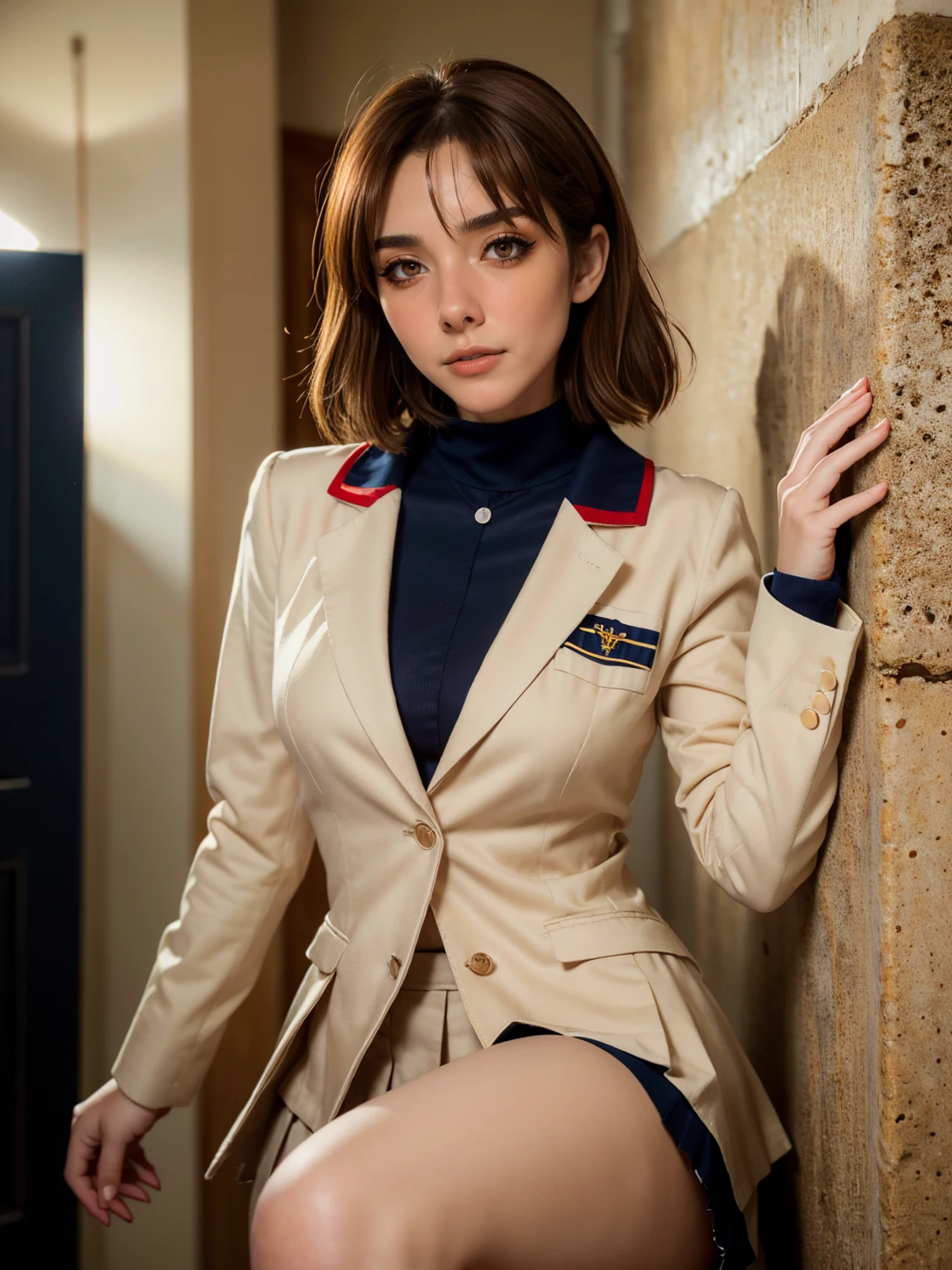 (1 lady), The beautiful, (Best quality at best:1.4), (ultra - detailed), (extremely detailed CG unified 16k), gold blonde hair, very detailed, High-definition RAW color photo, professional photoshooting, amazing face and eyes, cosmetics, (amazingly beautiful girl), ((furukawa nagisa, taller, tall woman, Bethcast)), ((beige school uniform blazer with white sailor collar with red line, navy blue skirt)), cute posture, (school, school hall room, extremely detailed background, a lot of details background, realistic background), realistic cinematic face, head to feet long wide zoomed out view, full body long view, photorealistic, ((realistic natural brown chocolate hair style, brown honey eyes)), gorgeous, extremely beautiful face, perfect model beauty, pout mouth, Highly Detailed Face and Skin Texture, Detailed Eyes, Double Eyelids, Mid sized breasts, Persistent Stare, Faith Trance, (mystical stare, looking eternity), (masterpiece), best quality, high resolution, depth of field, cinematic lighting, amazing legs, clear and well-cared skin