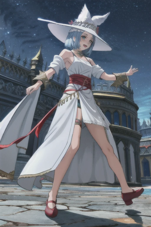 DQ10 illutia, short hair, grey hair, blue eyes, BREAK (small breasts), (edgWHM:1.5), (white mage robe:1.4), (white mage hat:1.4), wearing edgWHM, beautiful, masterpiece, 8K resolution, extremely detailed face, 1girl, Beautiful girl, adult girl, 20 years old, eye highlights, cowboy shot, (from below), looking at viewer, smile, blush, BREAK (dancing, dancing, dynamic, vigorous movement:1.3), windy, wind lift, floating hair, BREAK anime background, outdoors, night, night sky, starry sky, medieval, castle town, cobblestone floor, street trees, medieval townscape,