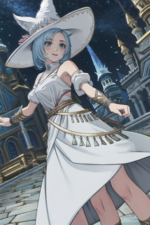 DQ10 illutia, short hair, grey hair, blue eyes, BREAK (small breasts), (edgWHM:1.5), (white mage robe:1.4), (white mage hat:1.4), wearing edgWHM, beautiful, masterpiece, 8K resolution, extremely detailed face, 1girl, Beautiful girl, adult girl, 20 years old, eye highlights, cowboy shot, (from below), looking at viewer, smile, blush, BREAK (dancing, dancing, dynamic, vigorous movement:1.3), windy, wind lift, floating hair, BREAK anime background, outdoors, night, night sky, starry sky, medieval, castle town, cobblestone floor, street trees, medieval townscape,