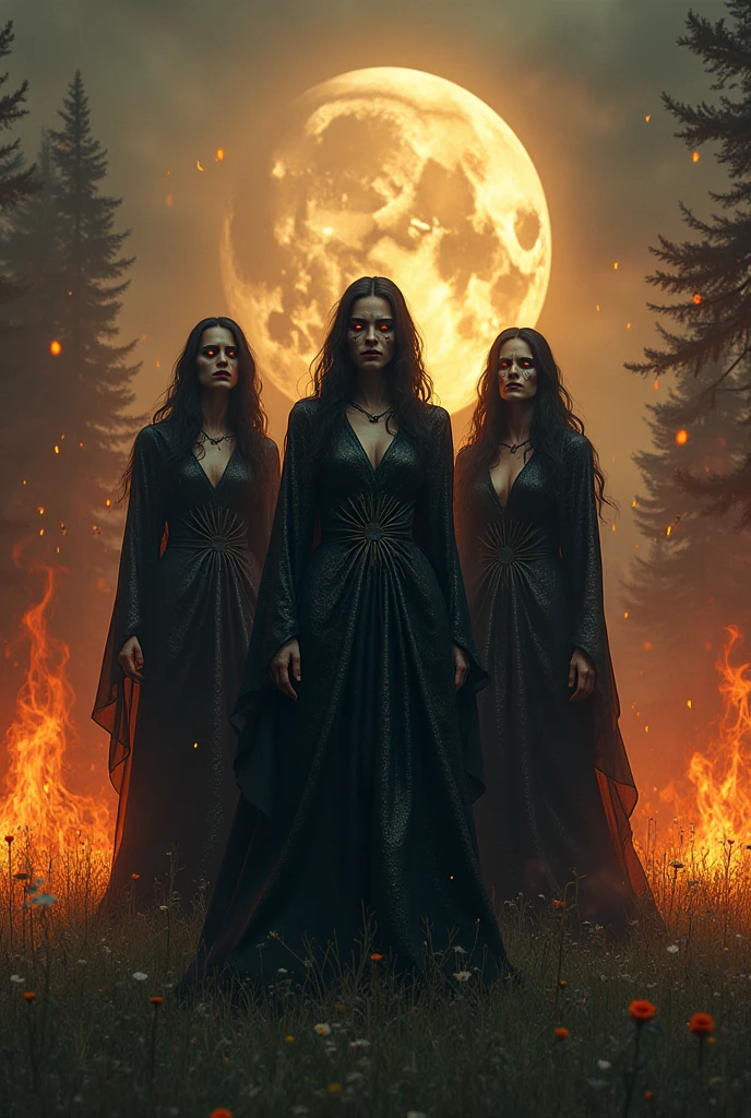 ((masterpiece, top quality, high resolution, highly detailed CG unified 8K wallpaper)), (huge stunning, five goth women, witches, jaw dropping beauties, perfect proportions, beautiful bodies, slim bodies, beauty:1.3), Moonlit witches sabbath, five skyclad witches perform a seremony around a huge bonfire, deep in the forest, clearing, moon cast a blueish hue on their pale naked bodies, birds eye view of the ceremony, a raven is wathing them from a tree branch, photo taken from above, we look down on them, a pentagram is formed by white sand around the fire. The photo is taken from above, a strange shape is emerging from the fire