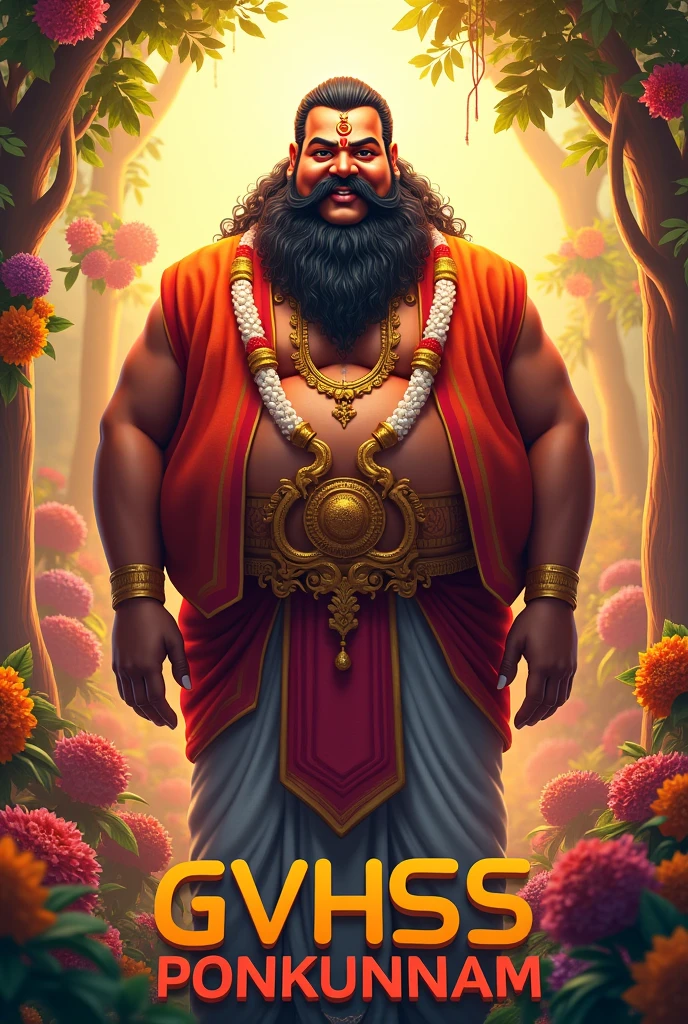 Create a vibrant and traditional depiction of Maveli, the legendary king from Kerala's Onam festival. Maveli is portrayed as a regal and benevolent figure, dressed in ornate, traditional attire, including a richly embroidered dhoti, a golden crown, and intricate jewelry. He should have a majestic presence, with a warm and welcoming expression. A fat guy with a moustache.No beard