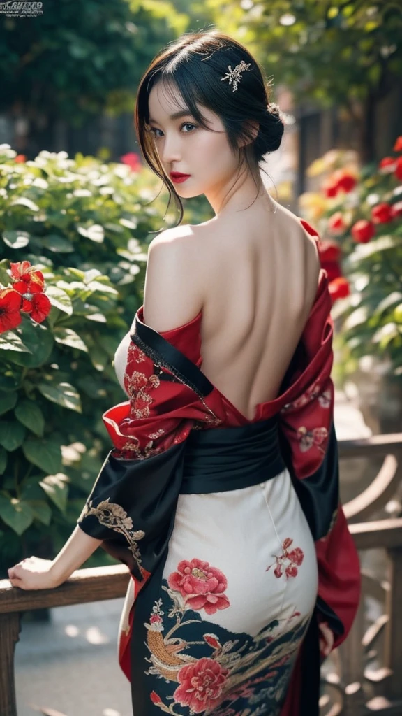 top quality, official art, beautiful and aesthetic:1.2), 1girl, tattoo, solo, japanese clothes, sexy intricate red and black kimono, hair ornament, unsheathing, black hair, sheath, back tattoo, dragon tattoo, blue eyes, off shoulder, bare shoulders, looking back, flower, looking at viewer, holding, makeup, outdoor, big breasts and hourglass figure, ultra detailed, black hair, hime cut, from behind, first-person view, pov, cowboy shot, bokeh, masterpiece, best quality, masterpiece, super detail, anatomically correct, high quality, best quality, highres, 16k