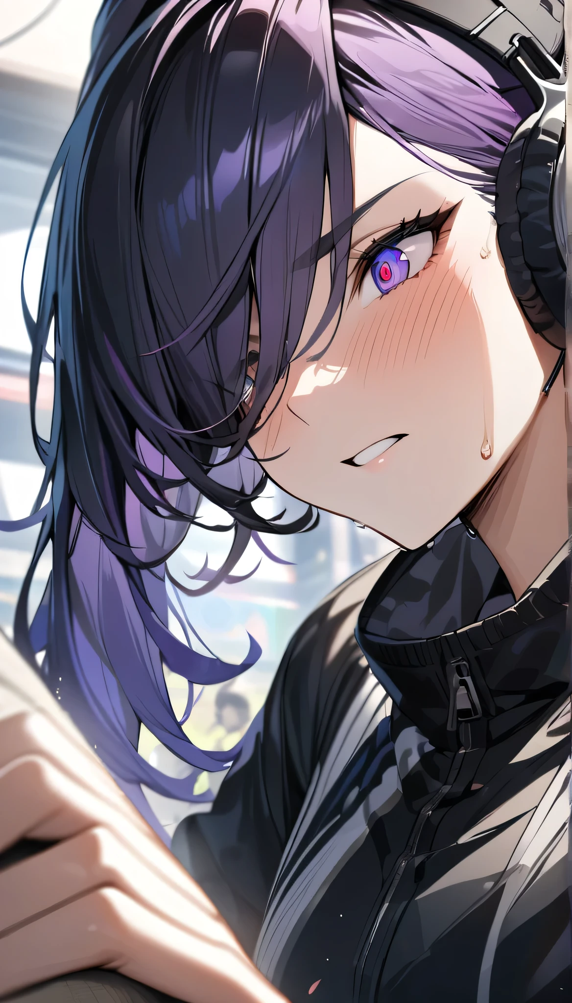Anime girl with purple hair and headphones looking at a cell phone ...