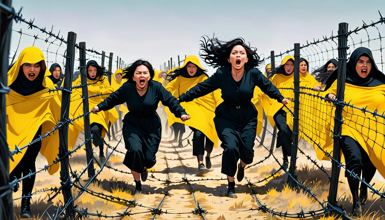 A group of women wearing dark clothing struggle through barbed wire. The scene shows them transitioning from standing behind the wire, crawling through it, to finally walking free. The background is a vibrant yellow, contrasting sharply with their dark outfits. The barbed wire appears thick and entangling, symbolizing a challenging obstacle. One woman who has already escaped walks calmly, while others are still in the process of breaking free.
