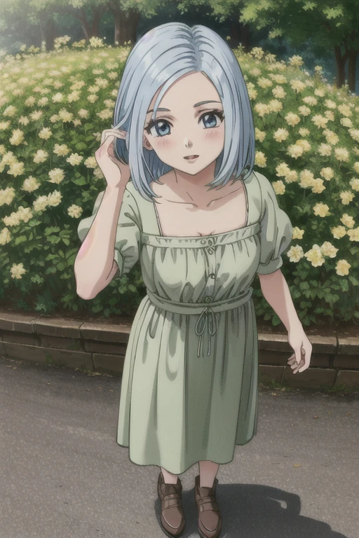 DQ10 illutia, short hair, grey hair, blue eyes, DQ10 costume, green dress, short sleeves, puffy sleeves, brown footwear, BREAK (small breasts), beautiful, masterpiece, 8K resolution, extremely detailed face, 1girl, Beautiful girl, adult girl, 20 years old, eye highlights, from above, looking at viewer, smile, parted lips, blush, BREAK (fixing hair:1.3), windy, wind lift, floating hair, BREAK anime background, outdoors, in forest, flower garden, gentle sunlight, 