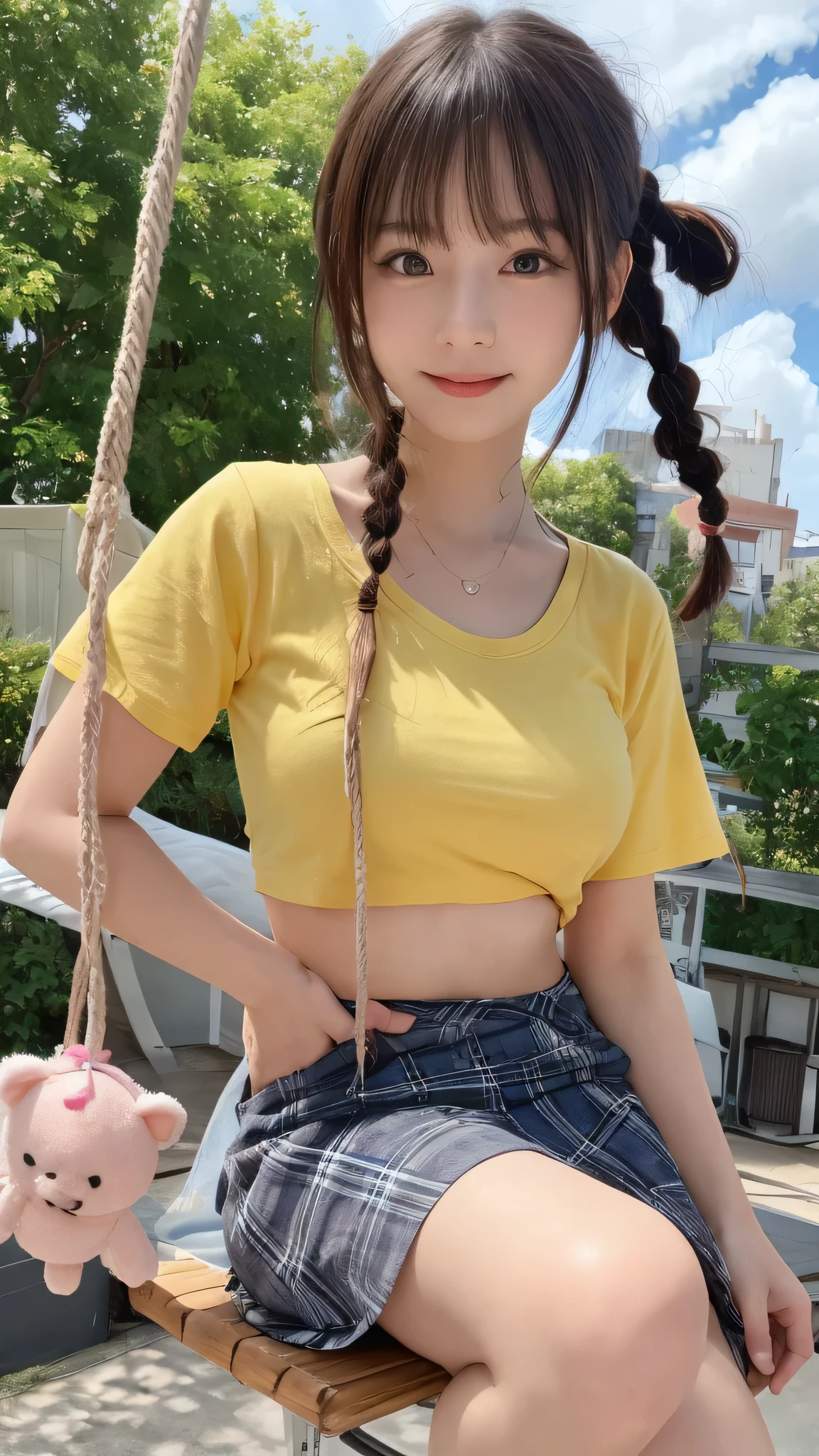 12 years old sexy girl similar to elle fanning, beautiful detailed eyes, beautiful detailed lips, extremely detailed eyes and face, long brown hair, two pigtails, relaxed expression, red sleeveless top, yellow sweater, jean shorts, white sneakers, sidewalk, urban setting, natural light, photorealistic, 8k, detailed, perfect hands, 💯 little body, very youthful body and face, full body shot