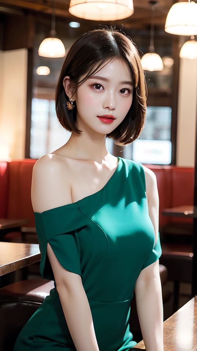 8K RAW photo, High resolution, 21 year old cool korean, big round breasts, Emerald green sexy and naughty panties、Emerald green sexy and naughty bra、whole body、sexy pose、sexy ass, Beautiful eyes in detail, long eyelashes, beautiful double eyelids, eye shadow, long term, three white eyes, dark eye makeup, evil smile, beautiful thin legs, short hair gathered behind, earrings, school classroom