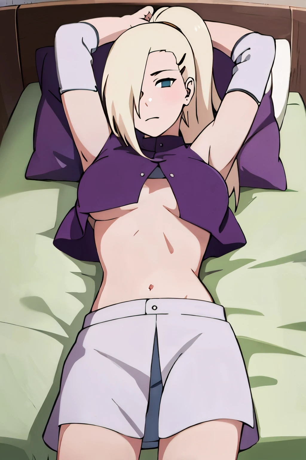 yamanaka ino, solo, navel, shorts, purple outfit,  presenting panties, (panties in hand), holding panties, ((pov hands))