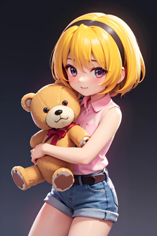 (hugging a teddy bear ), (Satoko Hojo), woman, alone, Yellow Hair, blonde, Purple eyes, short hair, hair band, Flat Chest, １１Year, Collared shirt,Sleeveless shirt,(Pink Shirt), White Belt, Denim shorts, Chibi Figures, 