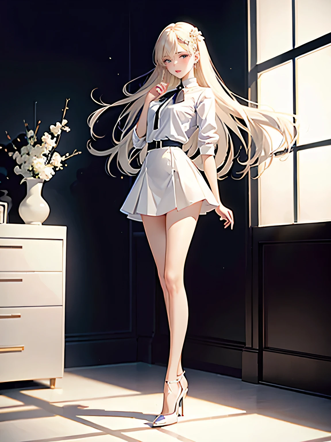 (((1 girl)), ((long platinum blond hair)),((platinum blond hair)), ((long platinum blond hair, plump and slender girl)) long haired girl, long hair)), ((((Girl wears an off-shoulder white blouse, short jeans skirt, blue short jeans skirt, tight jeans skirt, tight and very short skirt)) showing shoulders and cleavage, lifted up skirt))), showing a delicate and slender figure, correct limbs, innocent expression, Eye details, beautiful eyes, delicate eyes, blue eyes, large breasts, massive breasts, cleavage, bare shoulders
