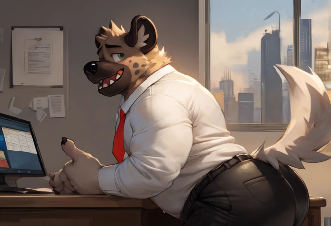 haida, hyena, nuzzle, male, spotted hyena, hyena boy, yellowish green eyes, fangs, spots, spotted body, white canine tail, white hands, white fingers, cheek tufts, neck short tufts, fur, lean, (wearing office outfit/ white shirt and red tie), by sugaryhotdog, by darkgem, by kokukokuboo, big chest, big biceps solo, (sketch lines, colored sketch), volumetric lighting, dynamic light, full body, intricate details, absurd res, 8k, the best quality, the best resolution, masterpiece, beautiful composition, absurd res, needy eyes, submissive, excited, office setting, desk, documents and files, laying submissivley, arms holding butt, thick butt, plump butt, panting, butt crack,wall clock, city landscape, morning light, longing gaze, ass pointing at viewer, BARA, muscular, himbo, dilf, back angle, big ass, ass focus
