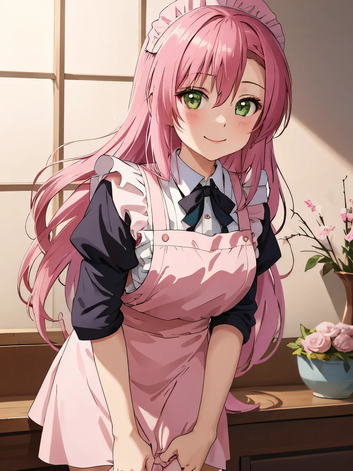 masterpiece, Highest quality, 1 girl, hinagiku katsura, indoor、Shooting from the front、Closed Mouth、smile、Pink Hair, Green Eyes, Very long hair, Straight hair, Hair between the eyes, hair ornaments, smile,,8k images、Cute maid outfit、victorian maid outfit、Best Photos、Attractive eyes,Detailed eyes、Shining Eyes, Colorful eyes:1.25、Cowboy Shot、Beautiful thighs、Leaning forward:1.2