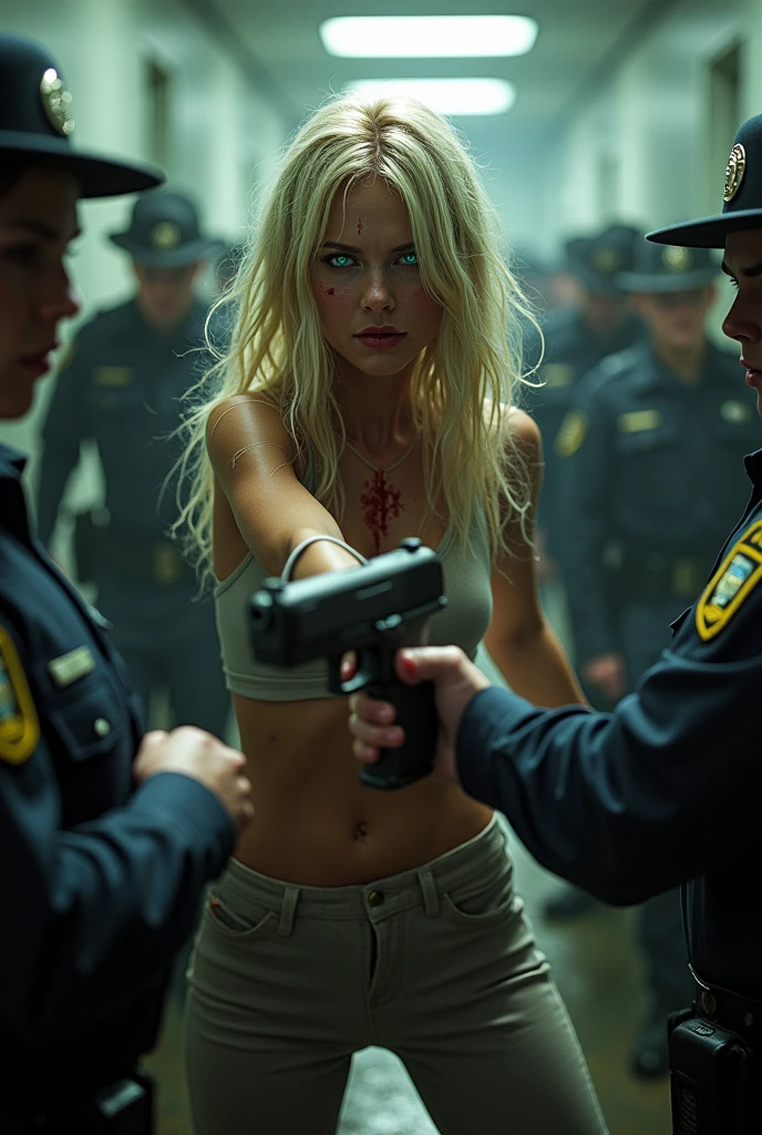 (A shabby narrow hallway).Breathtaking Glamour Blonde White Woman Victoria's Secret Women.Big hearted.(Wearing black lingerie).Wearing garter belt stockings.(full body shot).Running away from the room.On the floor lies an Asian woman wearing.