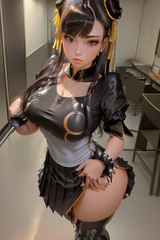 High Ponytail, long, straight black hair, A shiny black sailor-style outfit, Pleated skirt, Thigh-high boots, Standing pose, Hands touching face, Smooth Skin, Indoor classroom setting, Fluorescent lighting from above, Bright、A slightly edgy atmosphere, Front view, Shallow depth of field, No Motion Blur, Well-balanced exposure