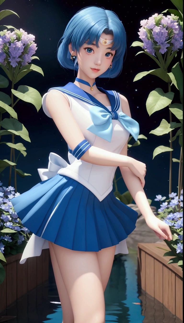 Best Quality, Masterpiece, Ultra High Resolution, (Realism: 1.4), Original Photo, A Twenty-Year-Old Girl, (Sailor Moon: 2.1) ((Ami Mizuno/Sailor Crystal, Sailor Mercury)), Charming Smile, Short Hair, Short Blue Hair, Vibrant Blue Eyes, Short Skirt, Looking at the Viewer, Pool in the Background, Dynamic Pose, OC Rendering, Water Splashing